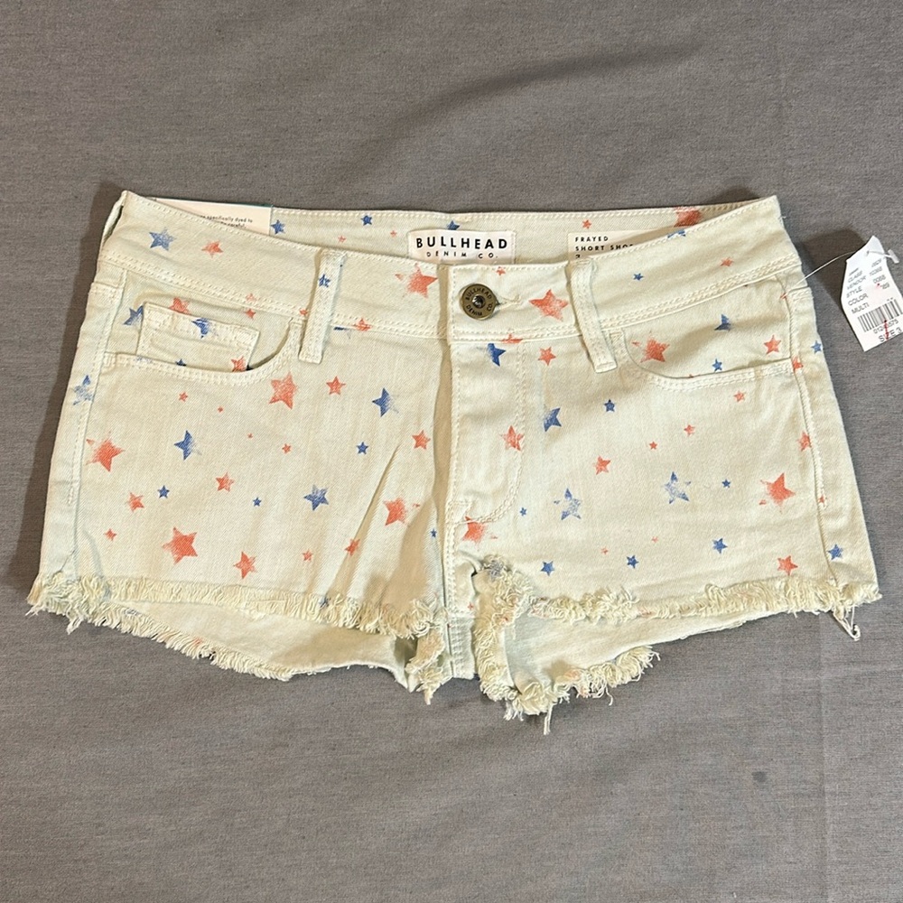 Vintage Bullhead Denim Frayed Short Shorts Red Blue Stars Low Rise Y2k Sz 3 NWT